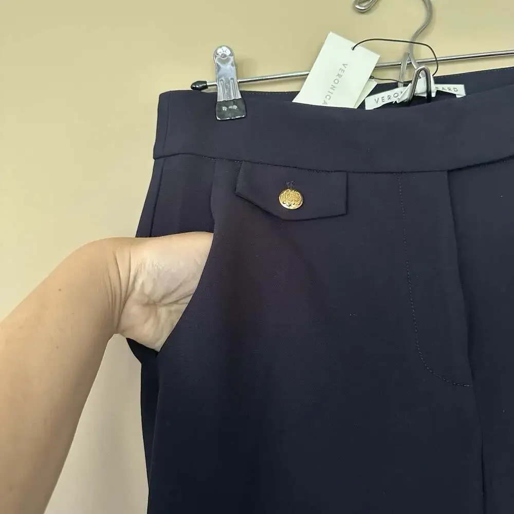NWT Veronica Beard Renzo Pants Women 10 Navy Blue Gold Crest Button $350 Cropped